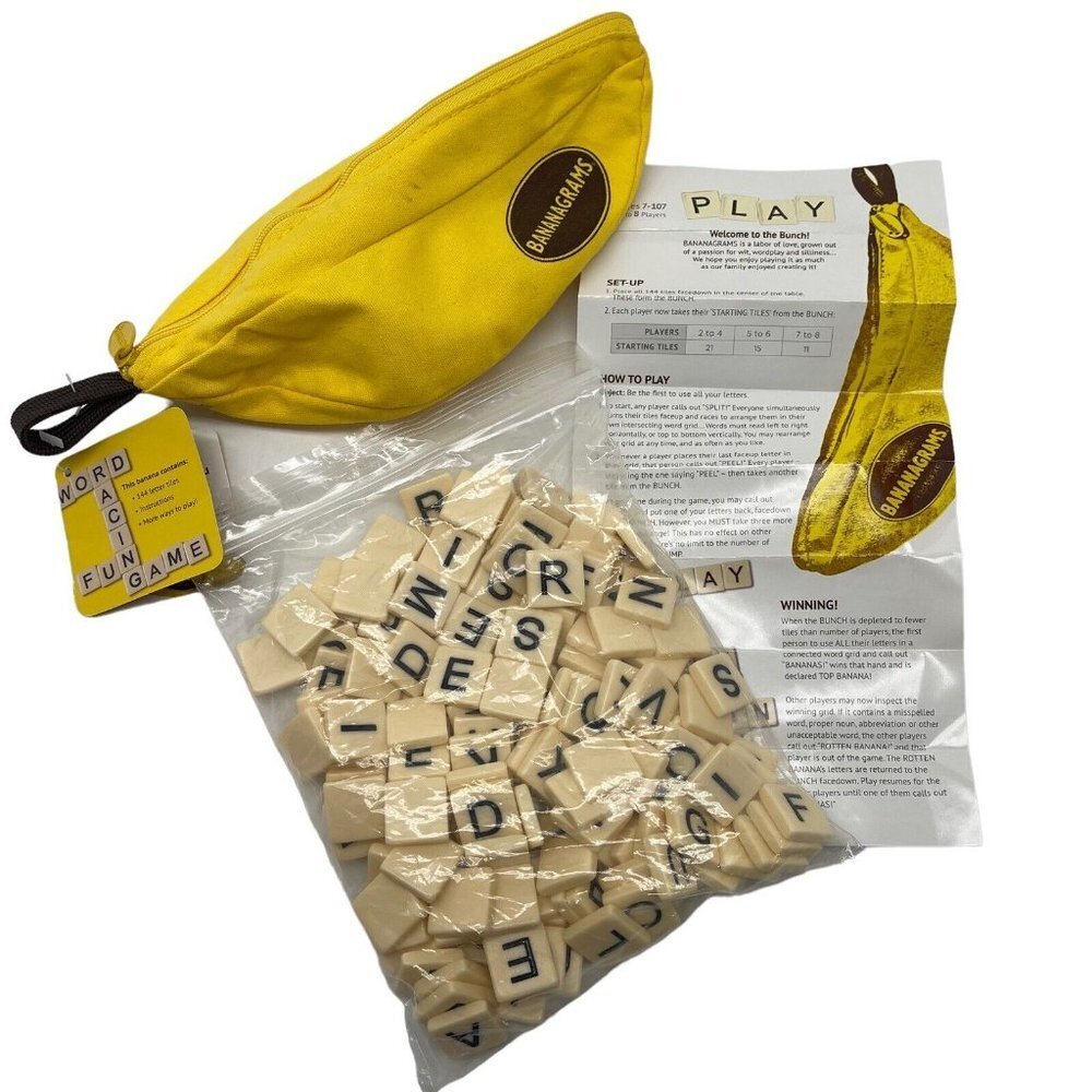 Bananagrams Word Tile Game Crossword Puzzle In Yellow Cloth Pouch Complete